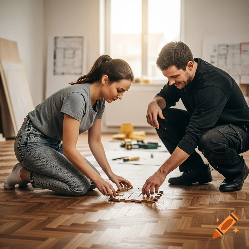 A man and a woman kneeling on a wooden floor, working together to install parquet flooring.
