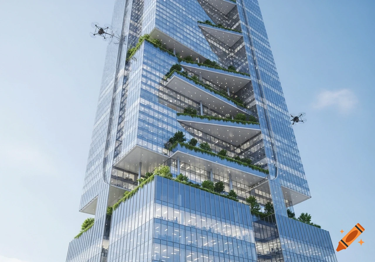 A tall, futuristic glass skyscraper features multiple green terraces and two drones flying nearby against a blue sky.