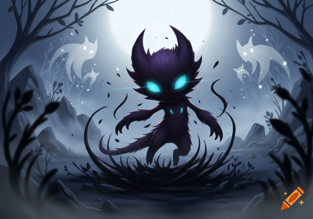 A dark, furry monster with glowing blue eyes stands in a mystical, moonlit forest with silhouetted trees and white ghostly figures.