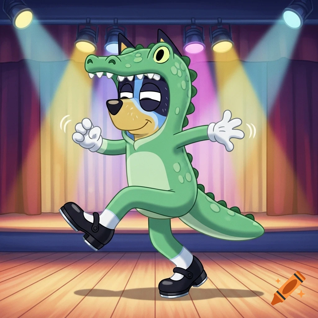A cartoon character, Bluey, tap dances on a wooden stage while wearing a green alligator costume, white gloves, and black Mary Jane shoes. Stage lights shine down from above.
