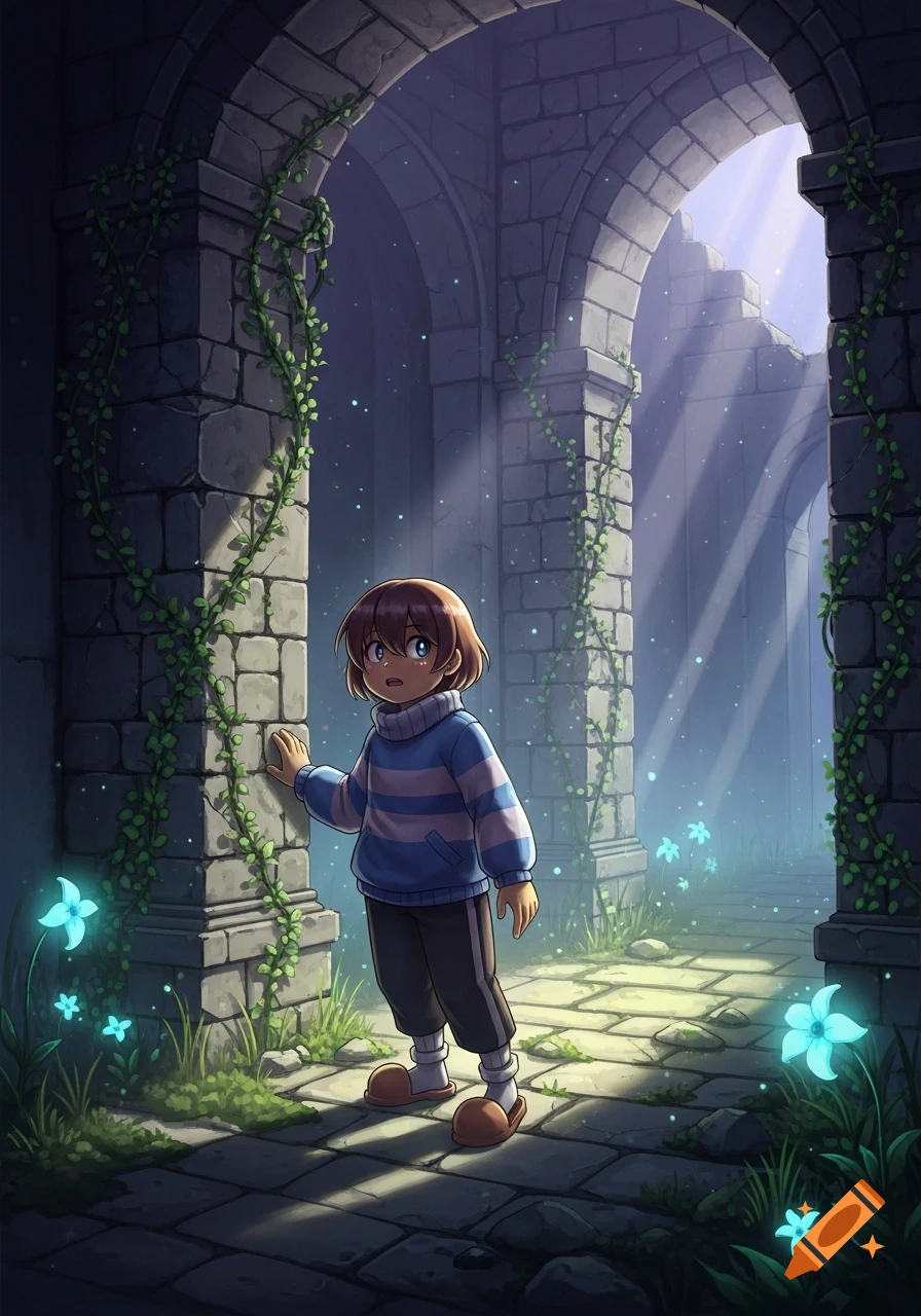 An anime-style depiction of Frisk from Undertale in ancient ruins, lit by glowing blue flowers and shafts of light.