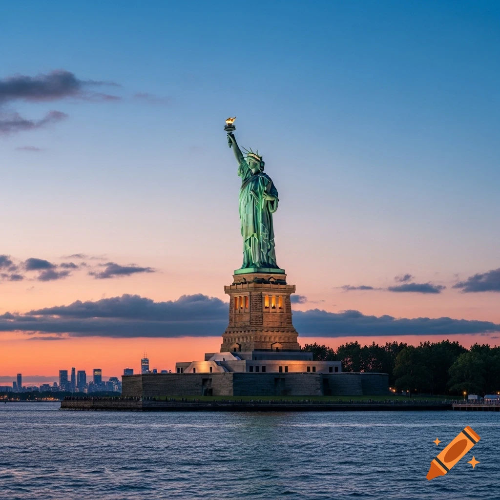 The Statue of Liberty stands tall in the water at dusk, with a vibrant sunset sky and the New York City skyline in the background.