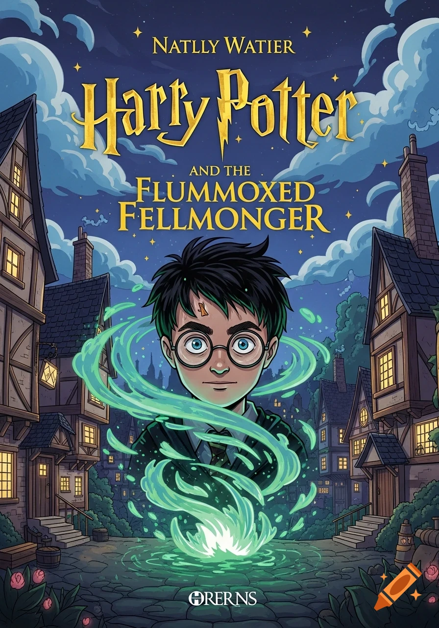 Illustrated book cover titled "Harry Potter and the Flummoxed Fellmonger" with a cartoon Harry Potter against a magical village night scene.