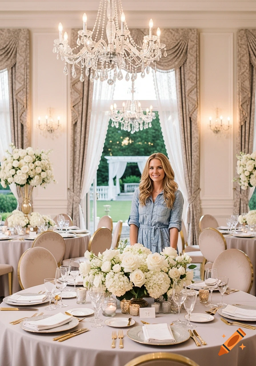 A woman in a denim dress smiles at a beautifully set wedding reception table with white floral centerpieces.