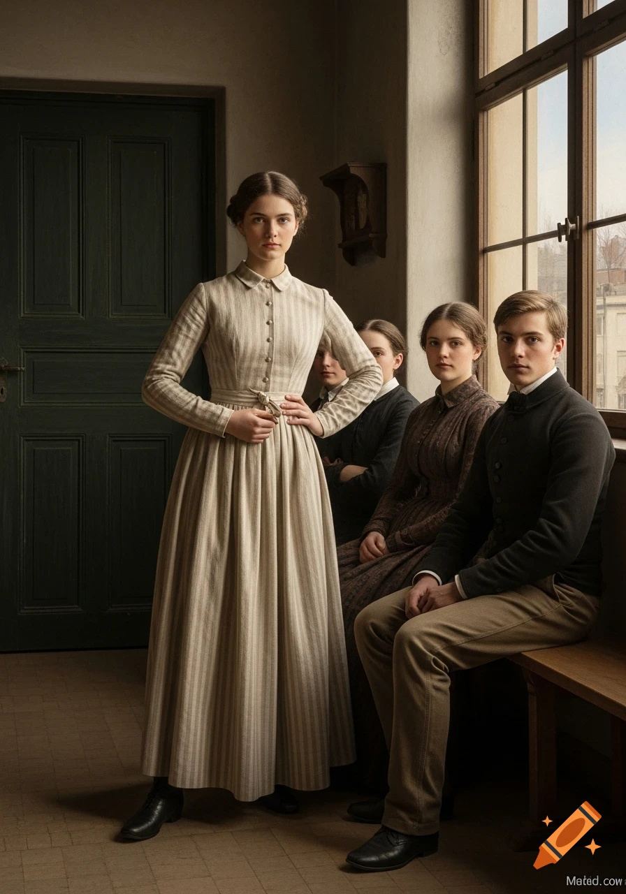 A photorealistic image of four people in historical attire inside a dim room with a large window and a dark door.