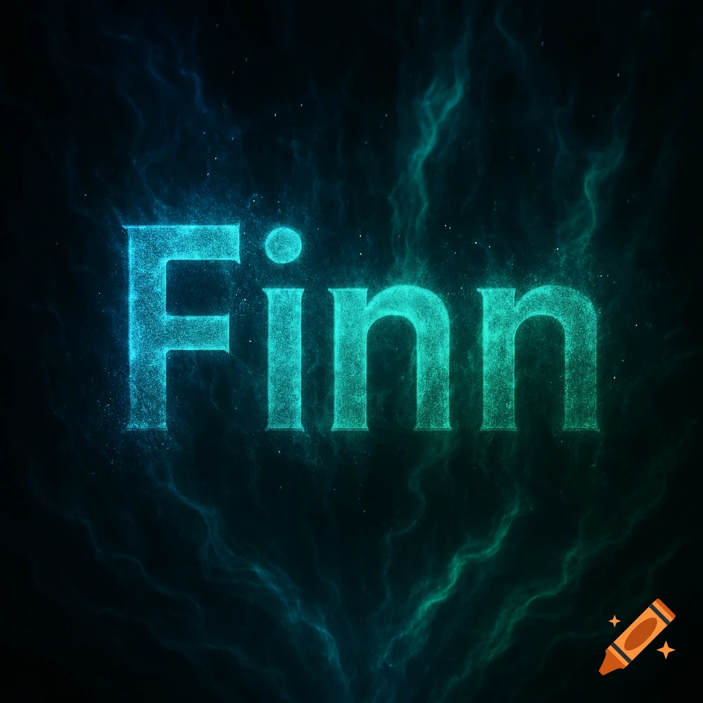 The name 'Finn' in glowing blue-green particle text against a dark, smoky, electric background.