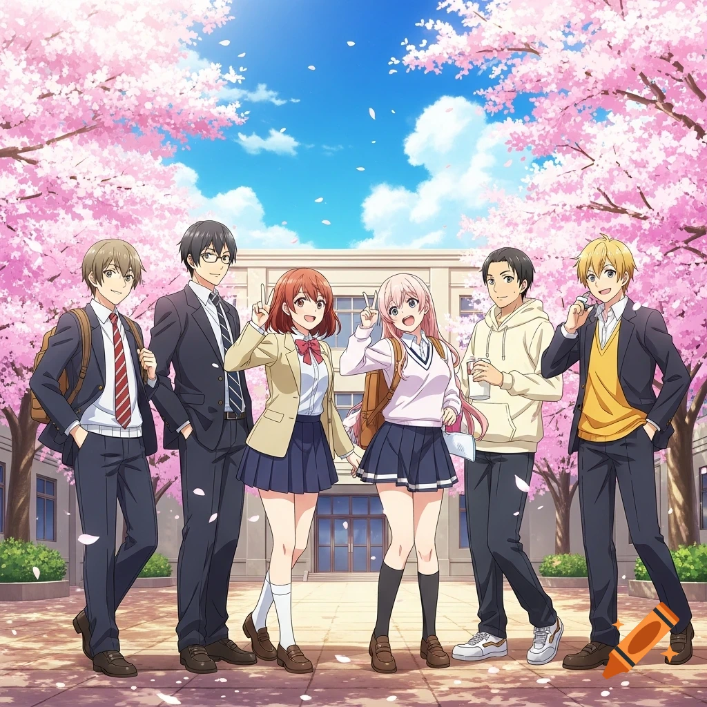 Six anime students posing in front of a school building under pink cherry blossom trees.