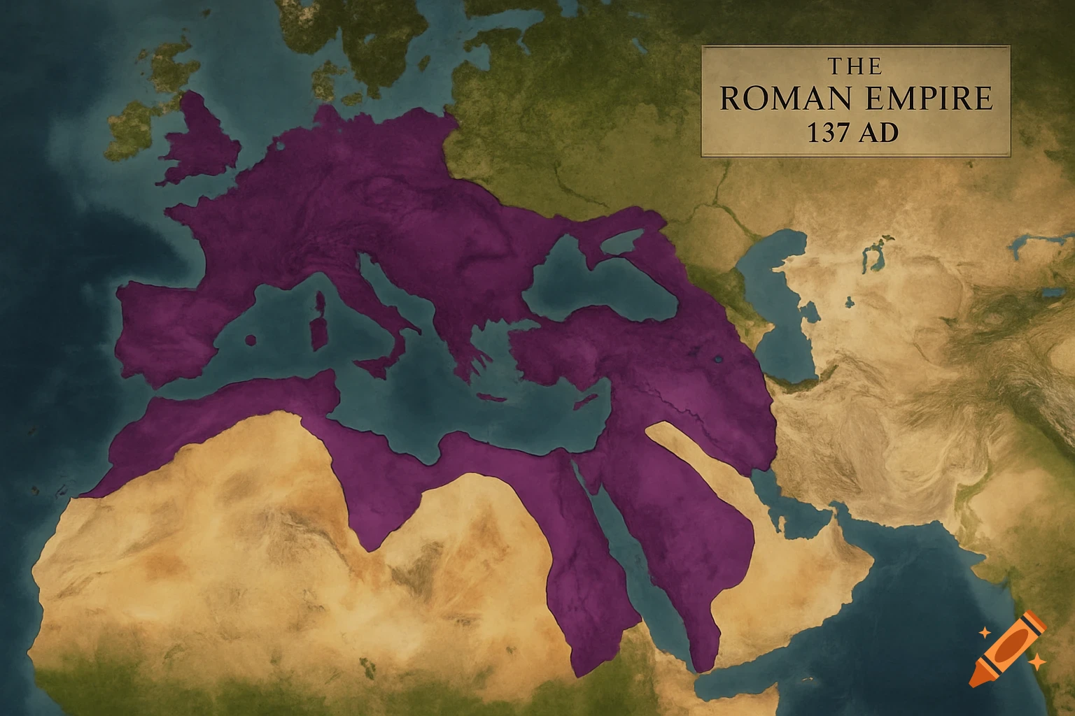 A historical map displaying the Roman Empire's vast purple territories in 137 AD across Europe, North Africa, and the Middle East, over a satellite-style geographical base.