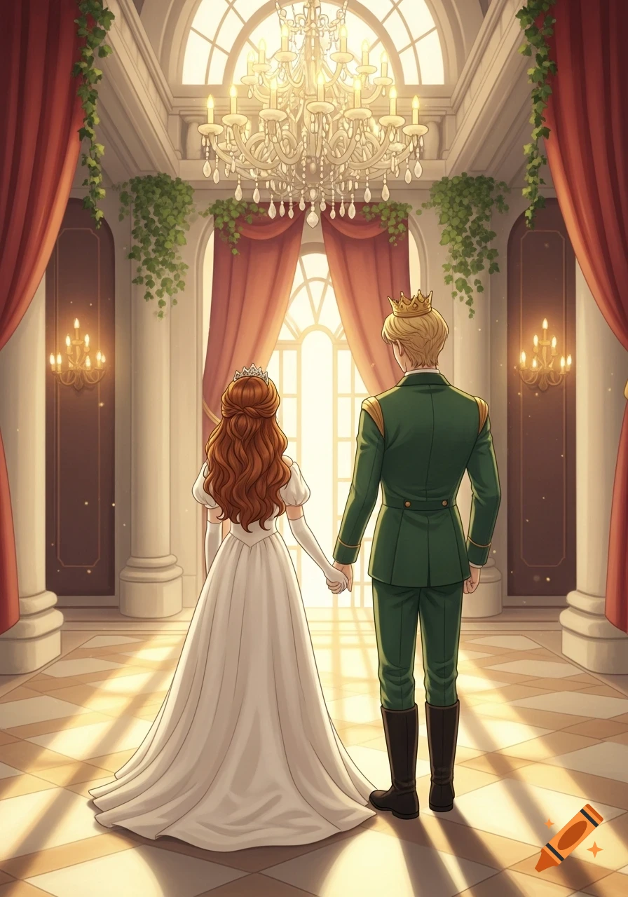 An anime-style prince and princess, seen from behind, hold hands in a grand, sunlit ballroom with chandeliers and red curtains.