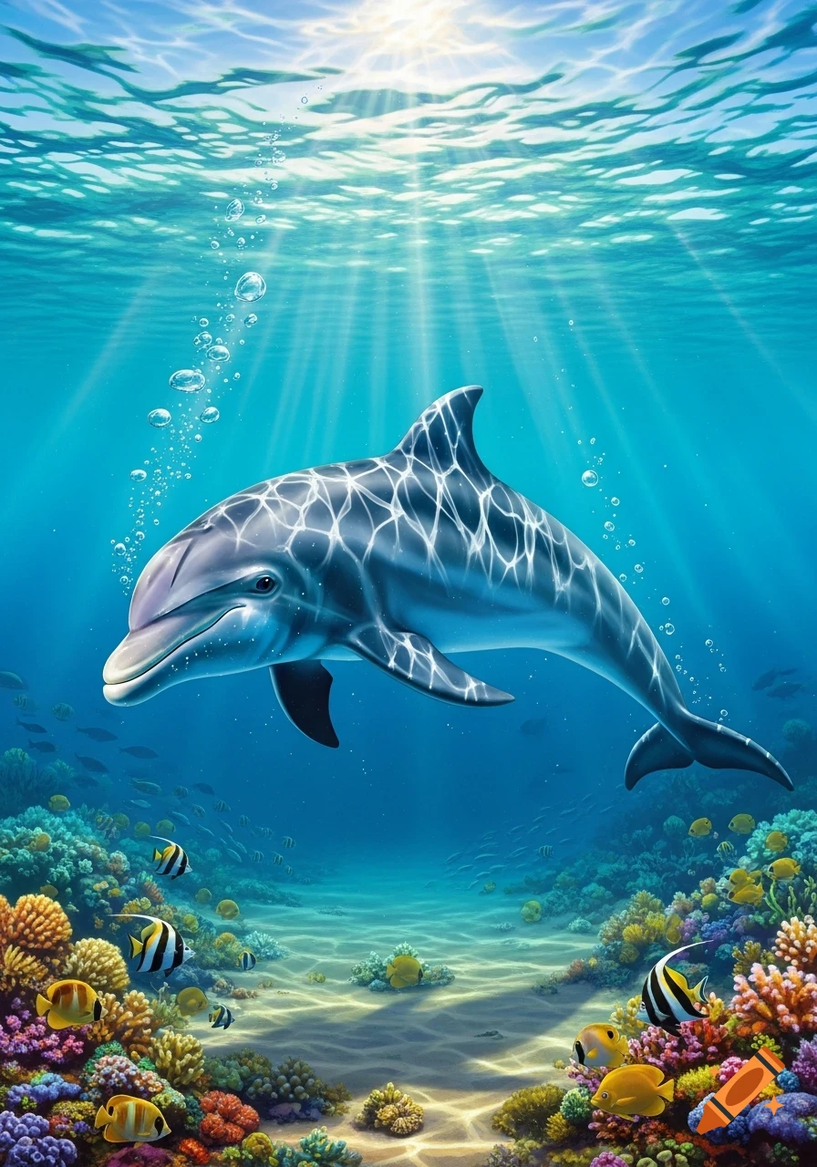A vibrant illustration of a dolphin swimming in a sunny blue ocean, surrounded by colorful coral and tropical fish.
