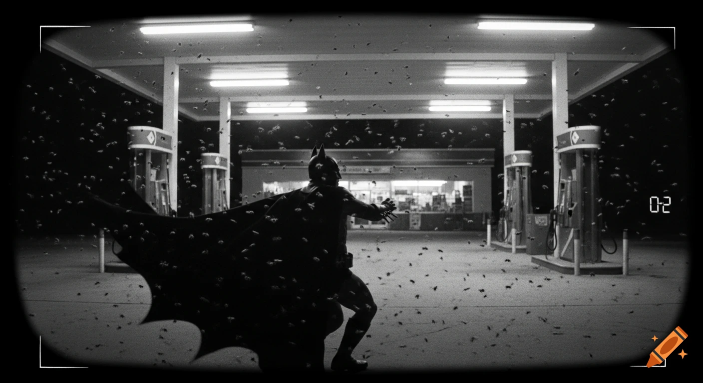 Batman in silhouette at a black-and-white gas station at night, surrounded by a swirling swarm of insects, viewed through grainy CCTV footage.