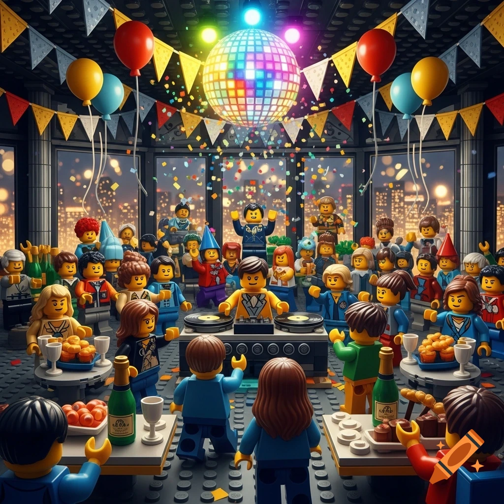 A vibrant Lego party scene with numerous figures dancing and socializing under a disco ball and colorful banners, overlooking a city at night.