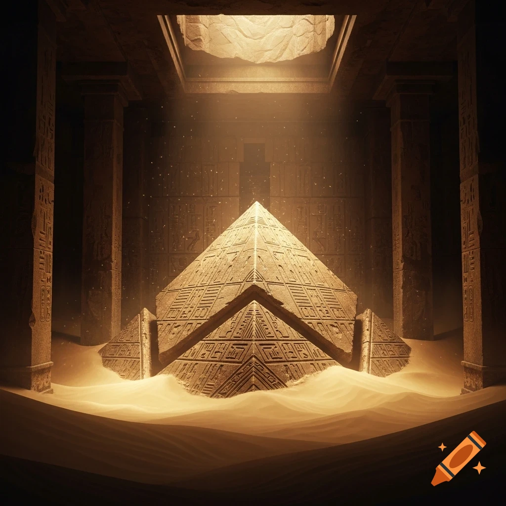 A massive, ornately carved pyramid partially submerged in sand within a dark, ancient stone chamber. Golden light streams from above.