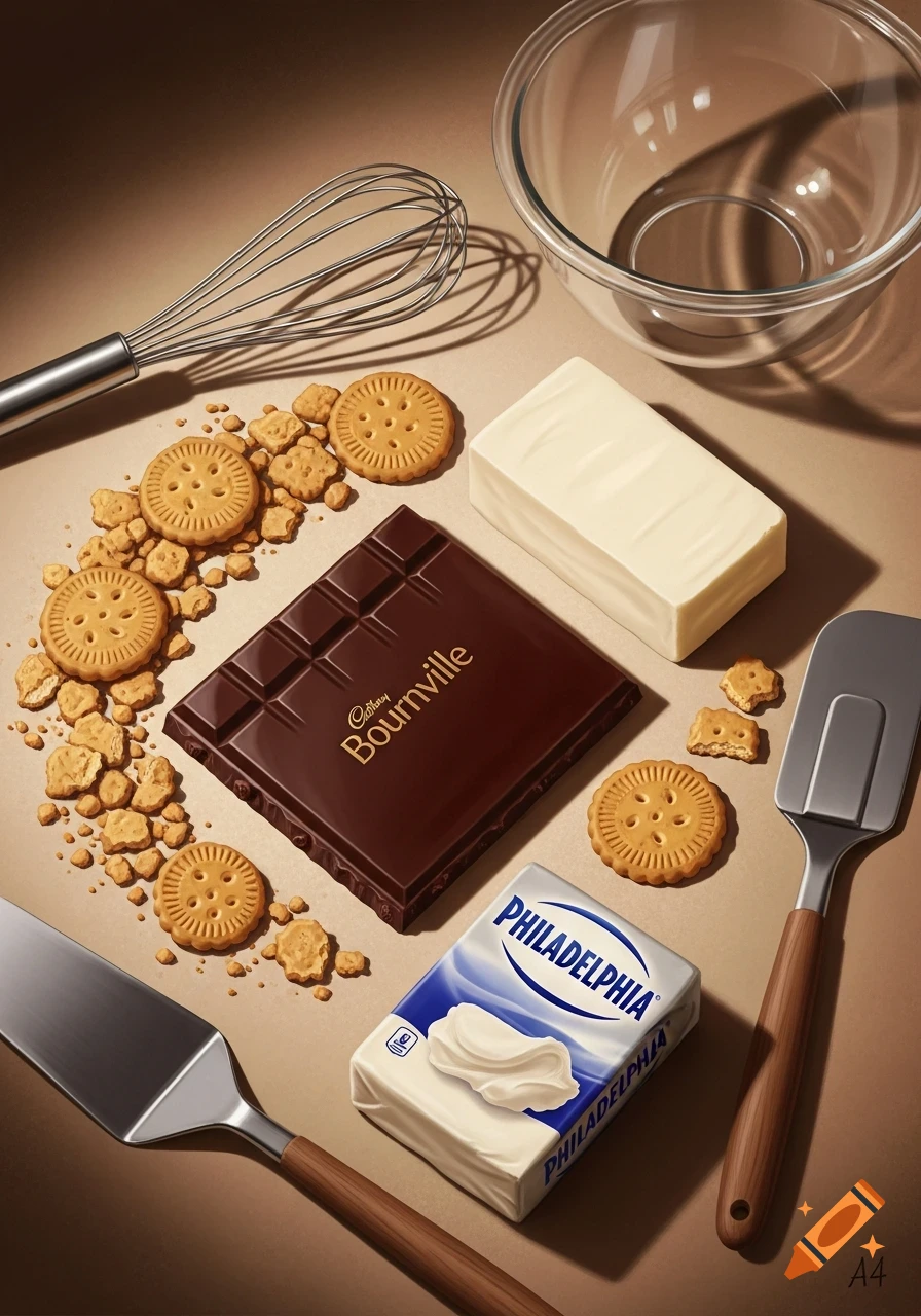 Photorealistic flat lay of a chocolate bar, digestive biscuits, cream cheese, butter, a whisk, spatulas, and a mixing bowl on a brown surface.