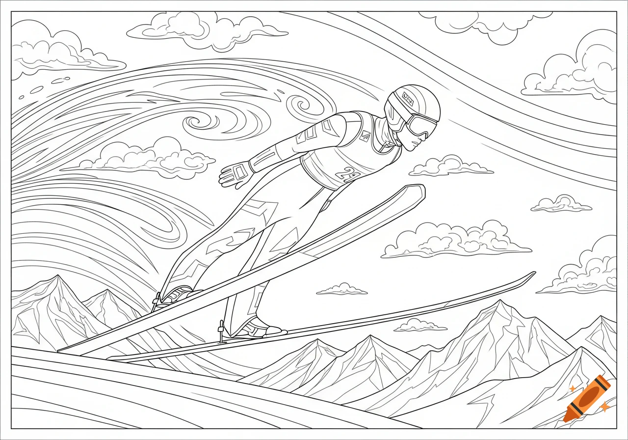 A line art coloring page of a ski jumper in mid-air with mountains and clouds in the background.