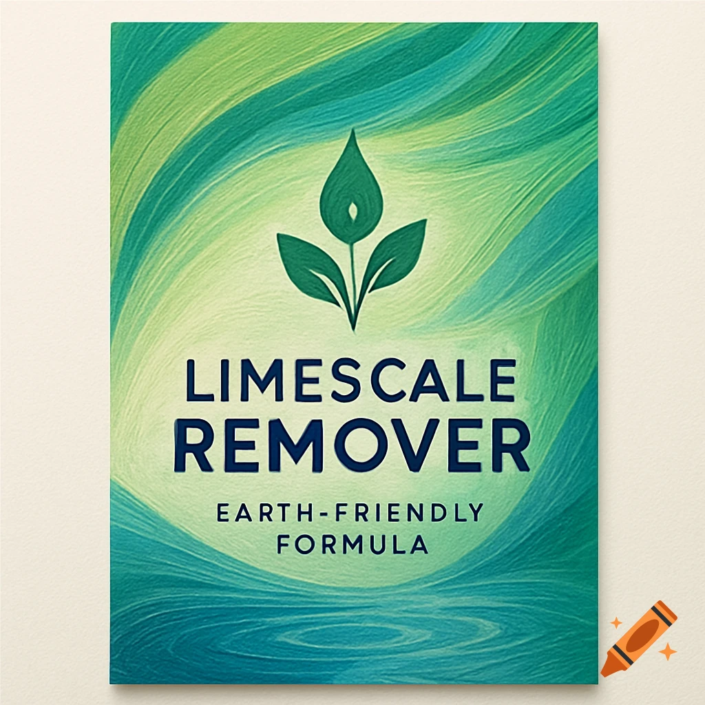 A modern label for limescale remover with a green leaf logo and swirling green and blue natural patterns. Text reads 'LIMESCALE REMOVER EARTH-FRIENDLY FORMULA'.