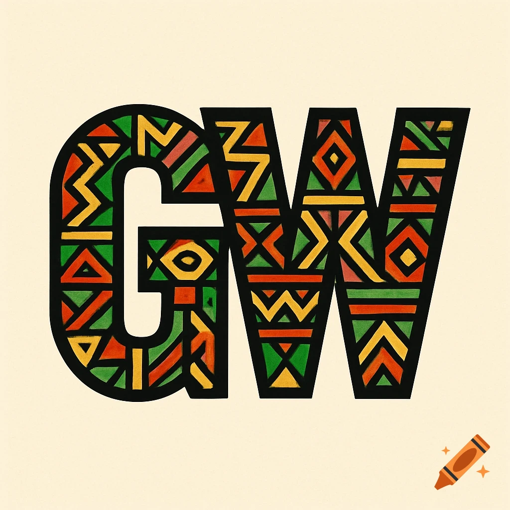 The capital letters GW filled with vibrant, multicolored African geometric patterns, outlined in black on a light background.