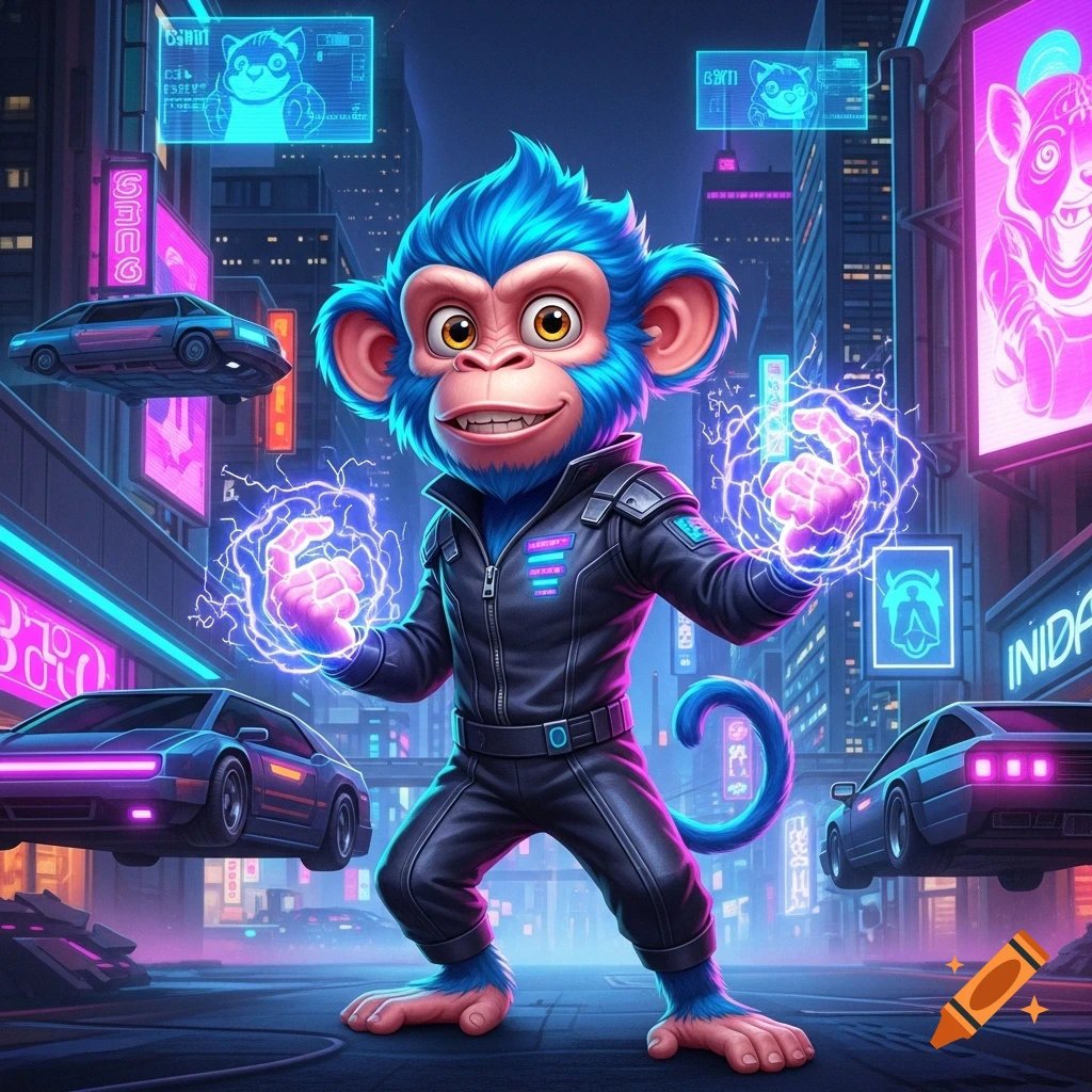 A vibrant blue monkey character in a black futuristic suit, generating purple electricity, stands in a neon-lit cyberpunk city with flying cars.