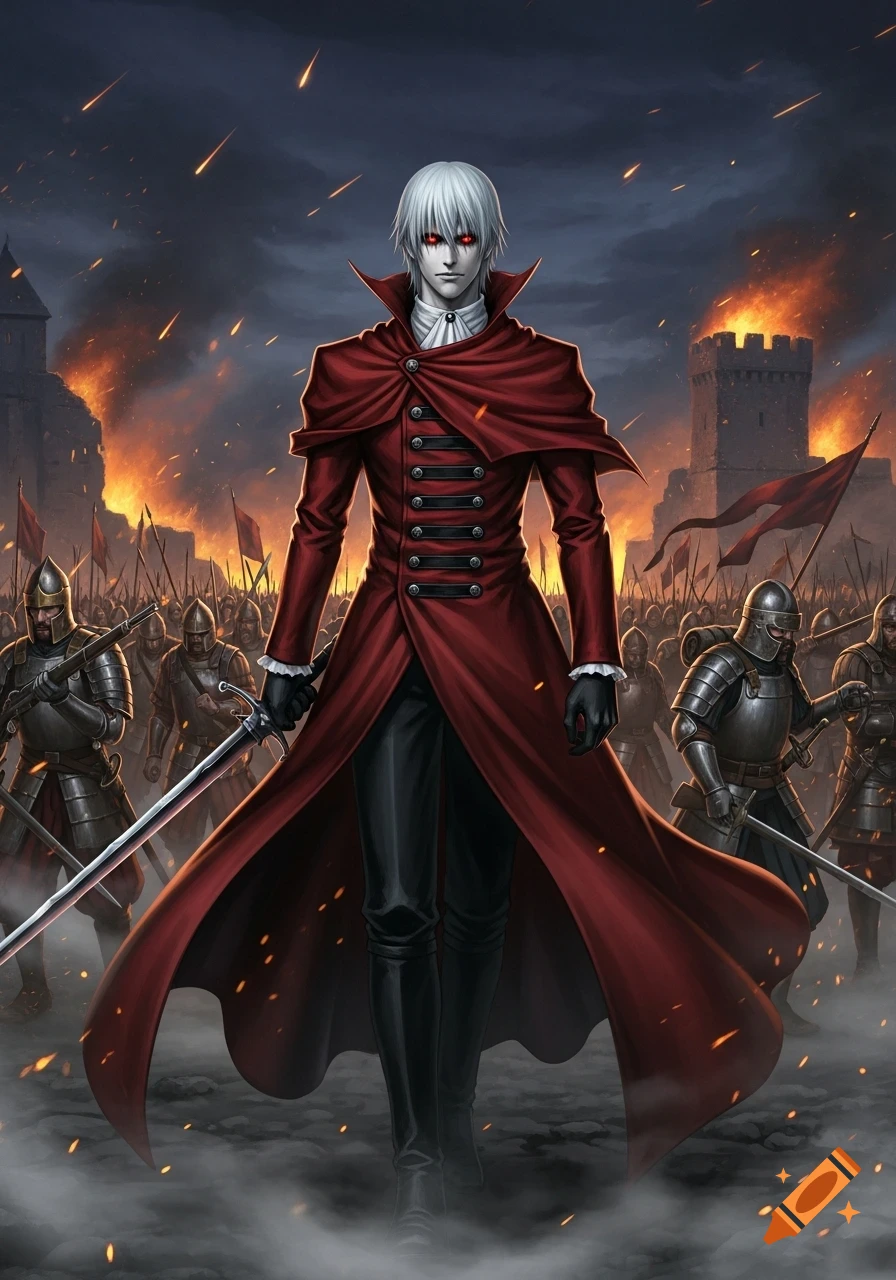 An anime-style character resembling Alucard in a long red coat stands with a sword before an army and burning castle under a fiery sky.