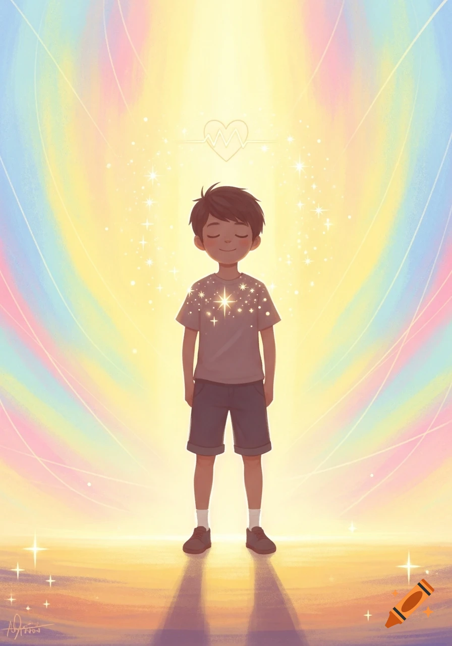 A serene boy with closed eyes smiles, surrounded by rainbow light, sparkles, and a heartbeat symbol, in a gentle children's book style.