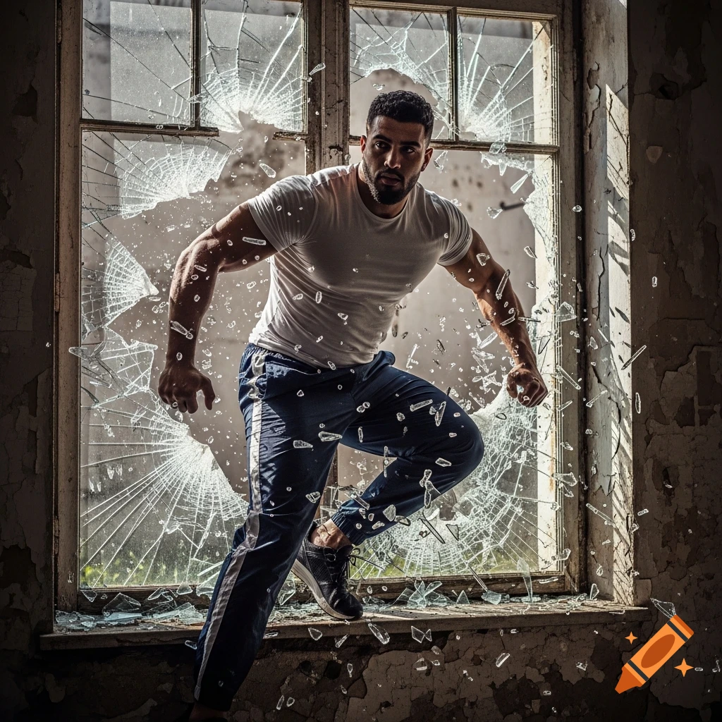 A muscular man in sportswear smashes through a large, broken window in an abandoned building, glass shards flying, in a photorealistic style.