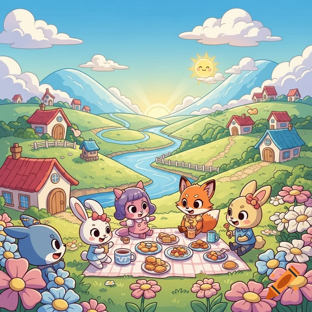 Four cute cartoon animals including a fox and bunnies have a picnic in a vibrant, idyllic valley with houses and mountains.