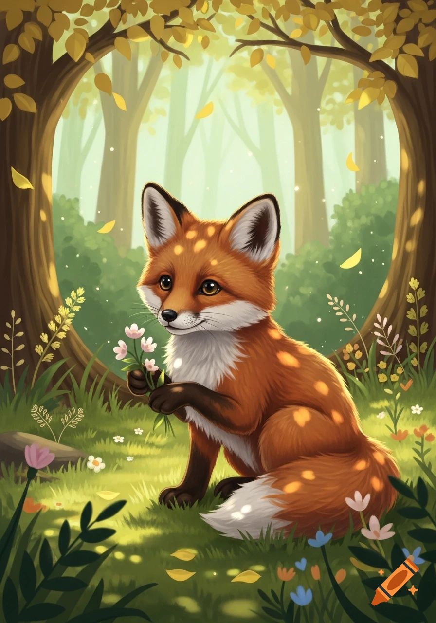 A cute, stylized orange fox with white spots sits in a lush forest, holding a small bouquet of pink flowers.