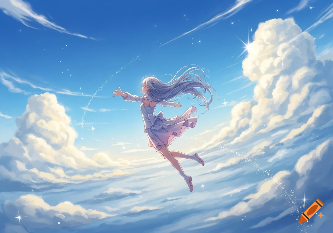 Anime girl with long white hair flying gracefully in a bright blue sky filled with fluffy white clouds and sparkling stars.