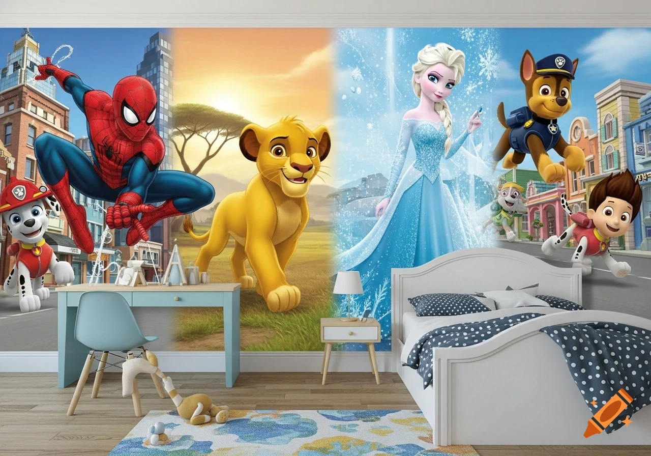 Colorful children's bedroom with a wall mural featuring Spiderman, Simba, Elsa, and Paw Patrol characters over a bed and desk.