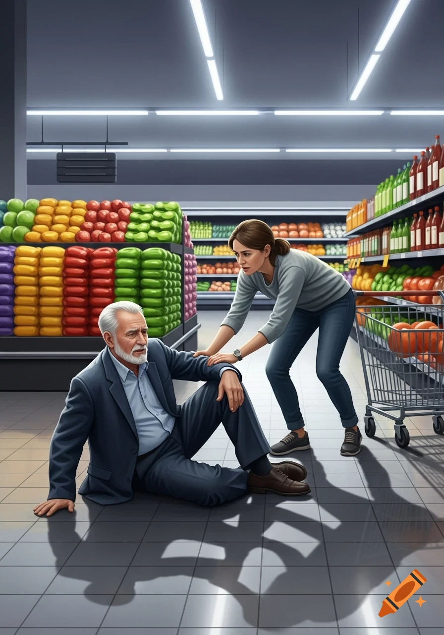 An elderly man sits on the floor of a brightly lit supermarket, holding his side in pain, while a woman leans to help him.