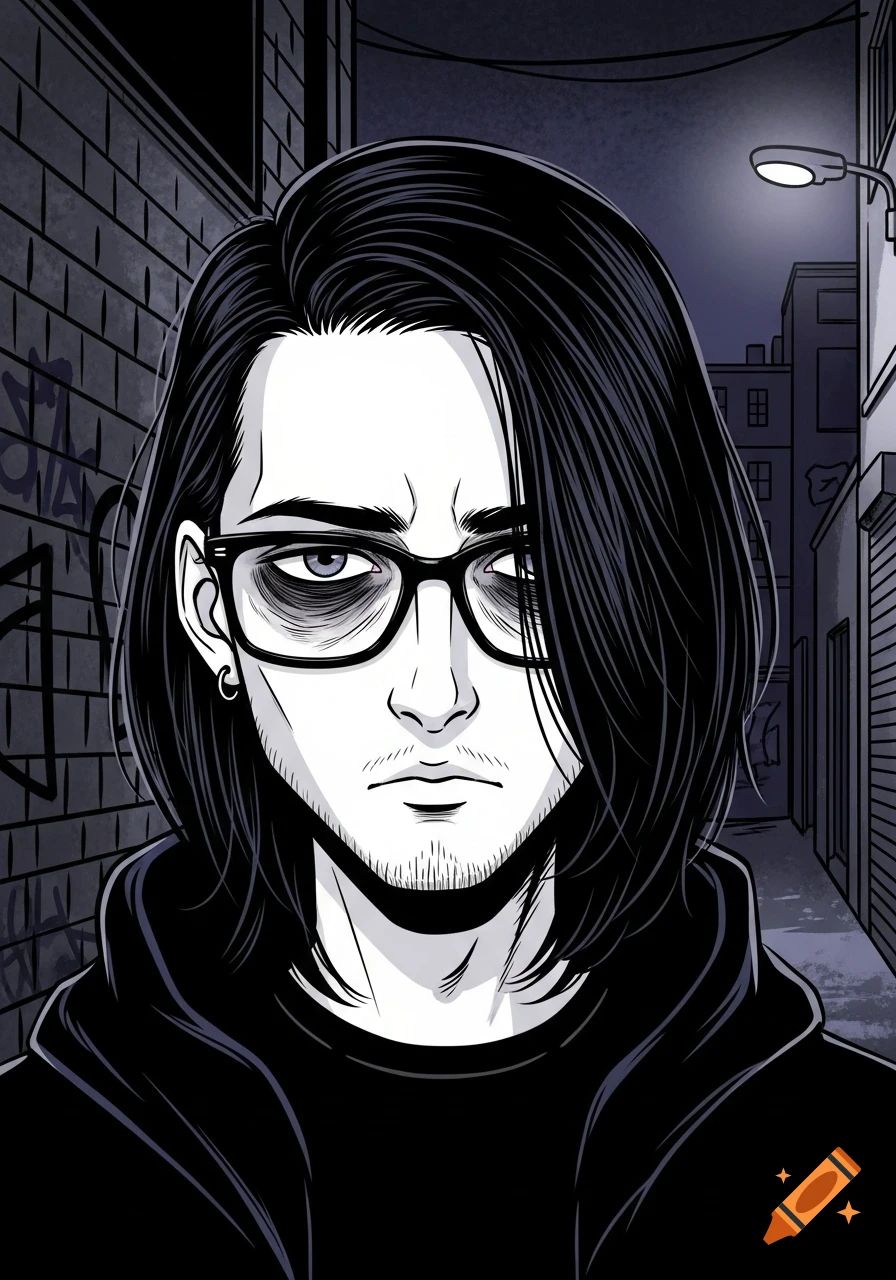 Graphic novel portrait of a man with long black hair, glasses, dark circles, and stubble, wearing a black hoodie in a dark urban alley.