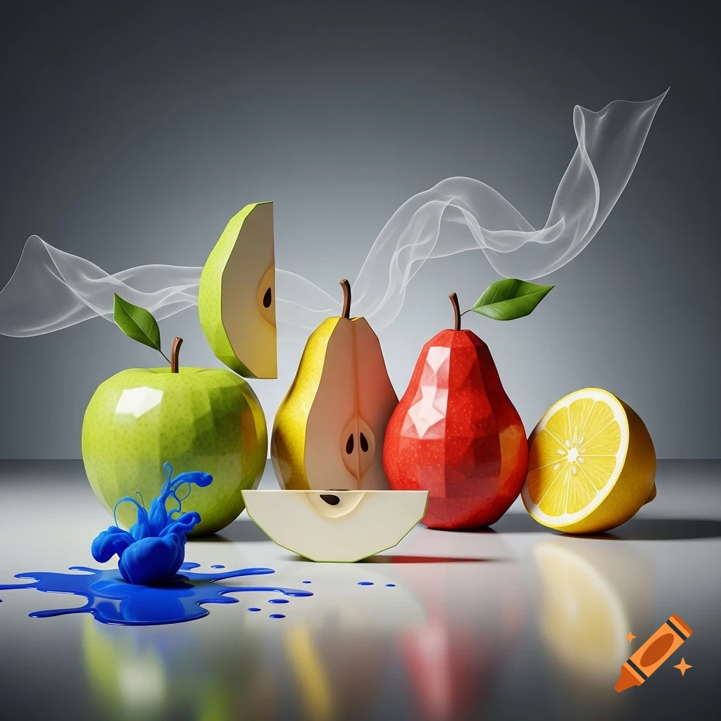 Still life of geometric fruits including green apples, red and yellow pears, and a lemon, with blue liquid and white flowing fabric, on a reflective surface.