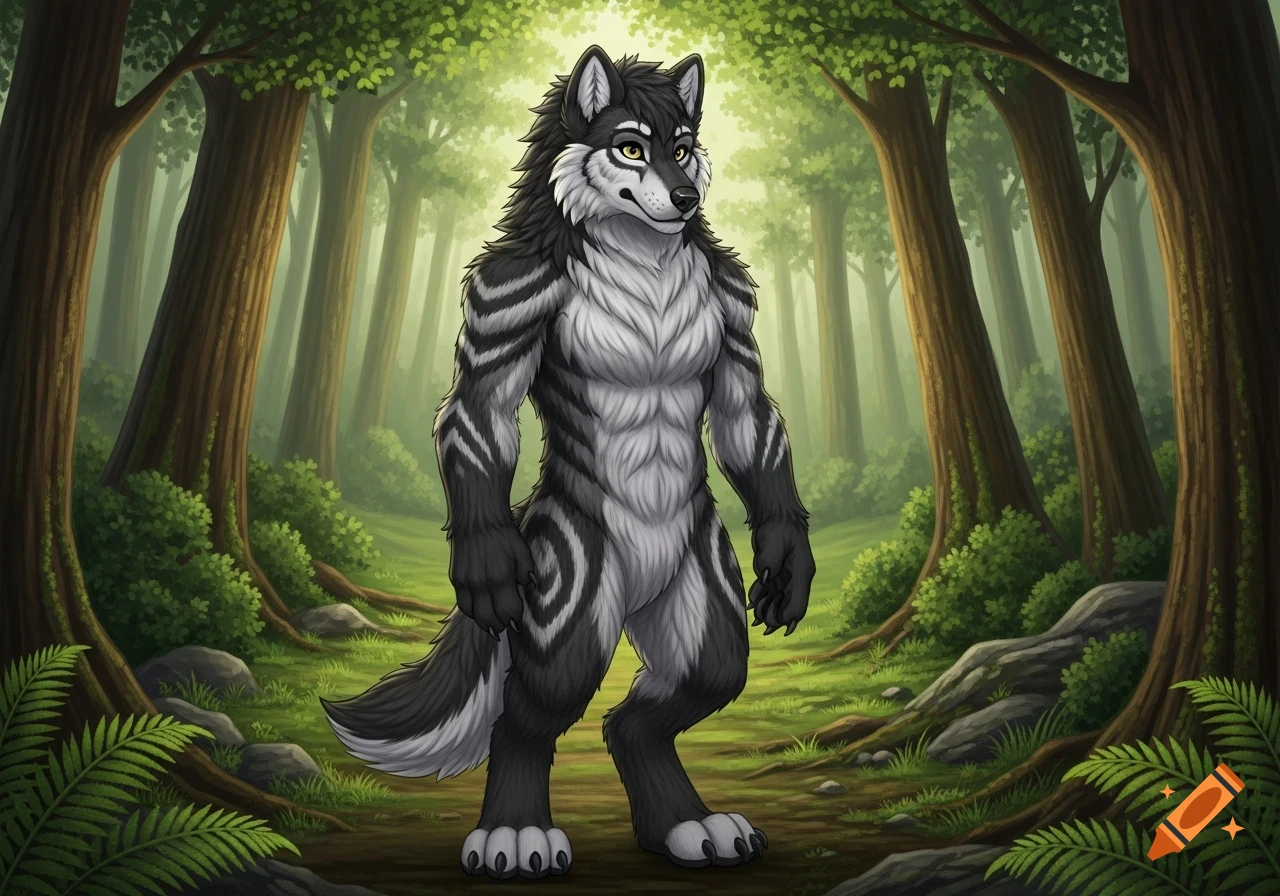 A muscular grey and black striped wolf-like furry stands in a lush green forest, looking forward with yellow eyes in a digital art style.