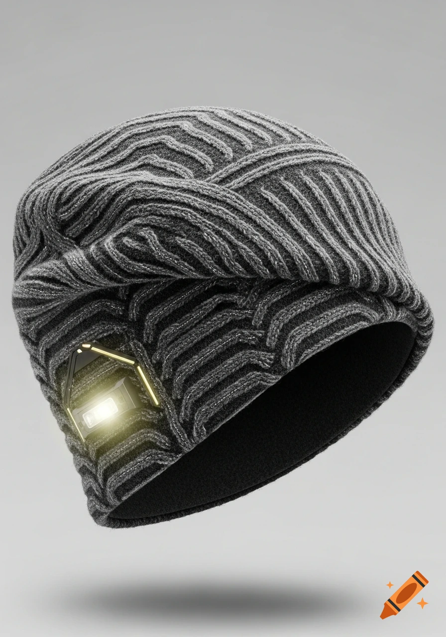 A gray knitted beanie hat with a textured pattern and a glowing rectangular light module on its side, against a light gray background.