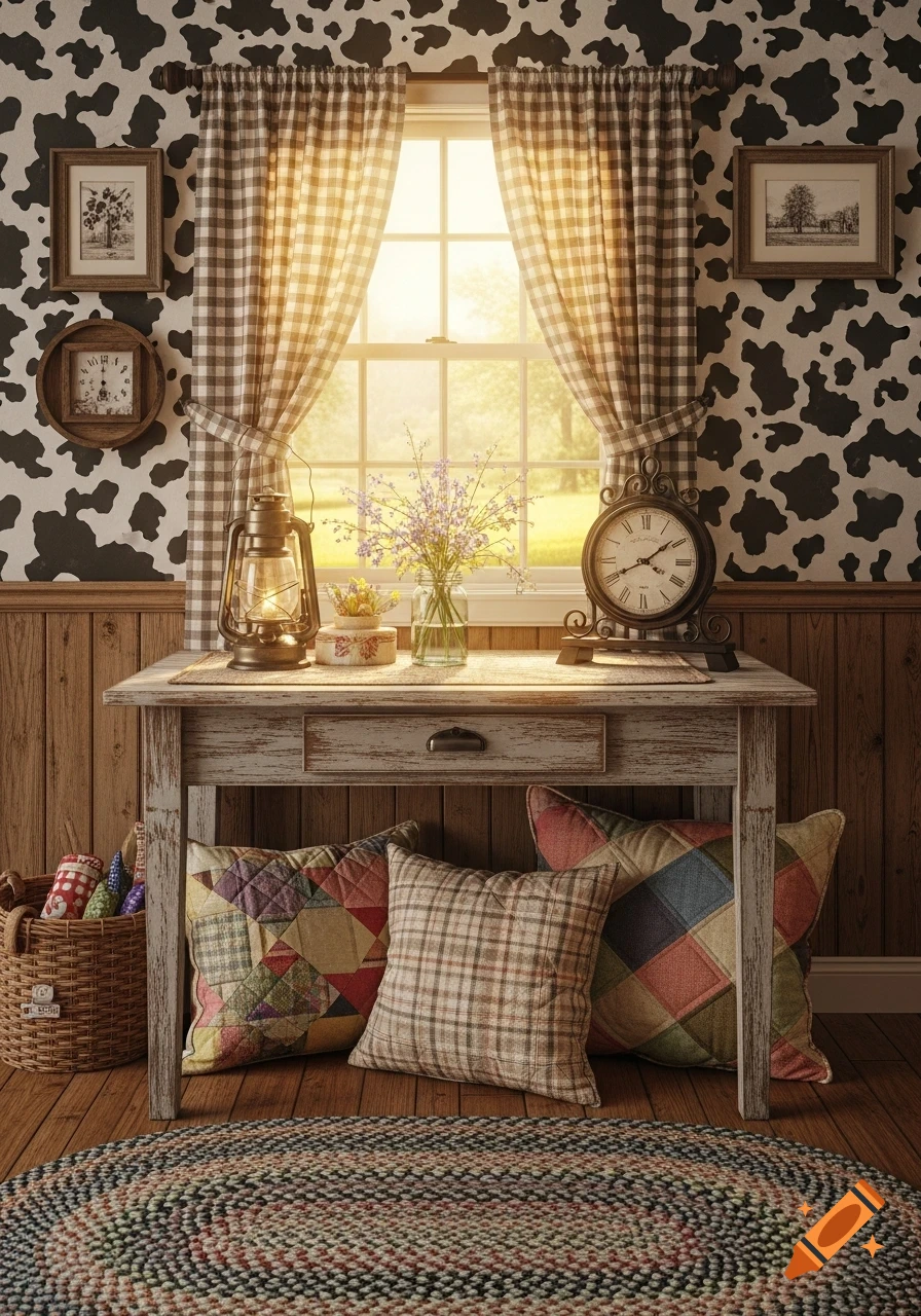 A rustic country-style room with cow print wallpaper, plaid curtains, a wooden table with a lantern, flowers, and clocks, with quilted pillows on the floor.