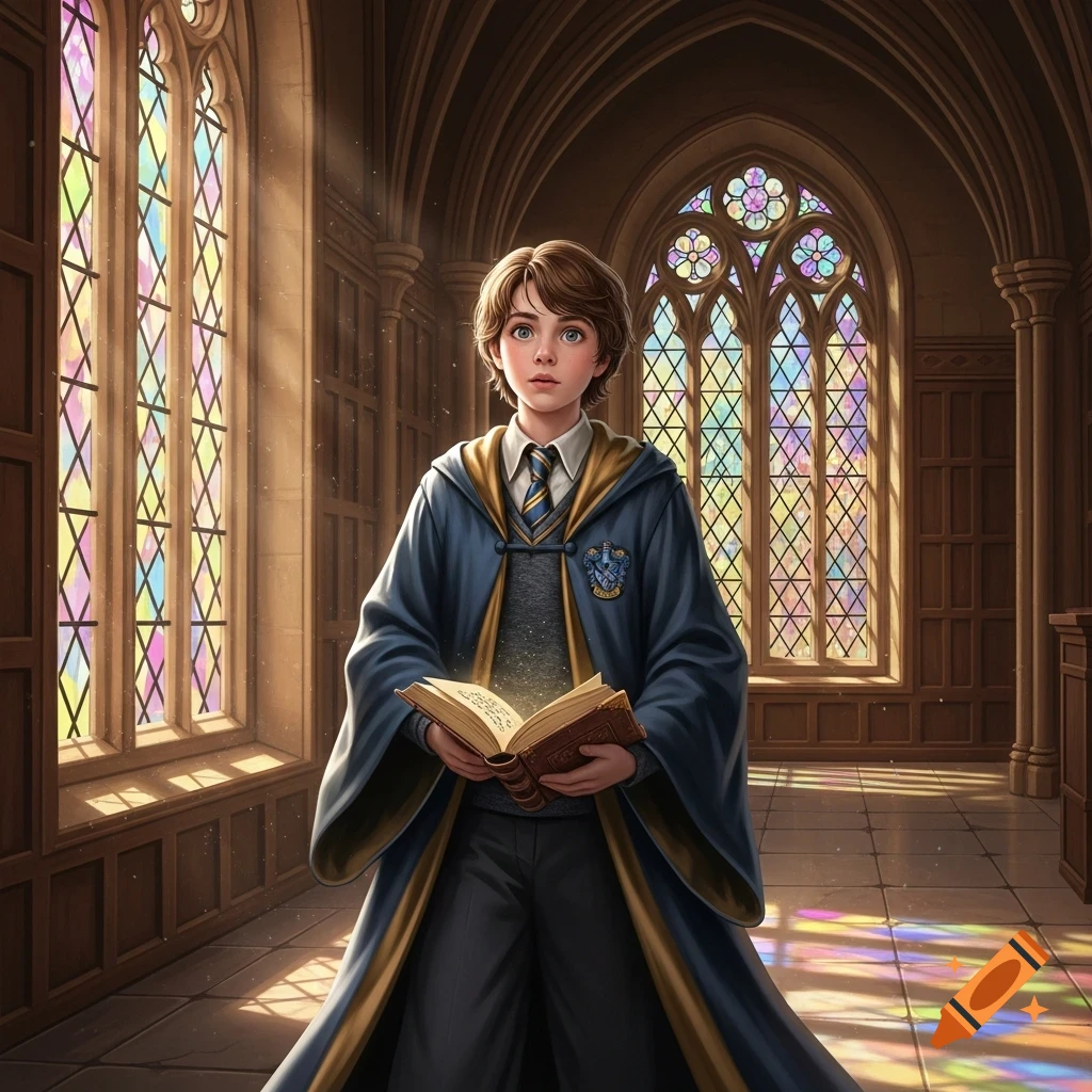 A young Ravenclaw student in a blue and gold robe holds an open, glowing book in a grand hall with stained-glass windows.