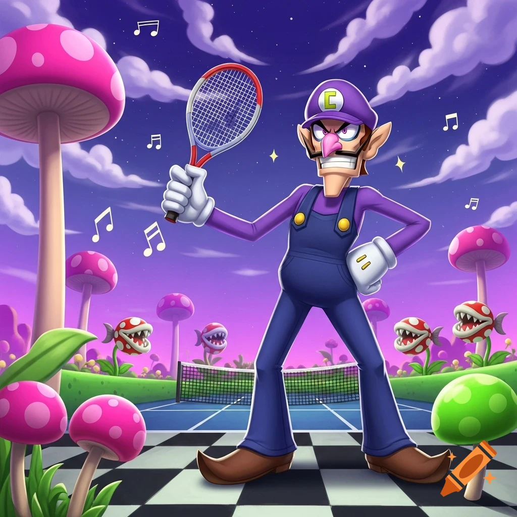 Waluigi stands on a checkerboard tennis court under a purple, starry sky, holding a tennis racket, surrounded by pink mushrooms and piranha plants.