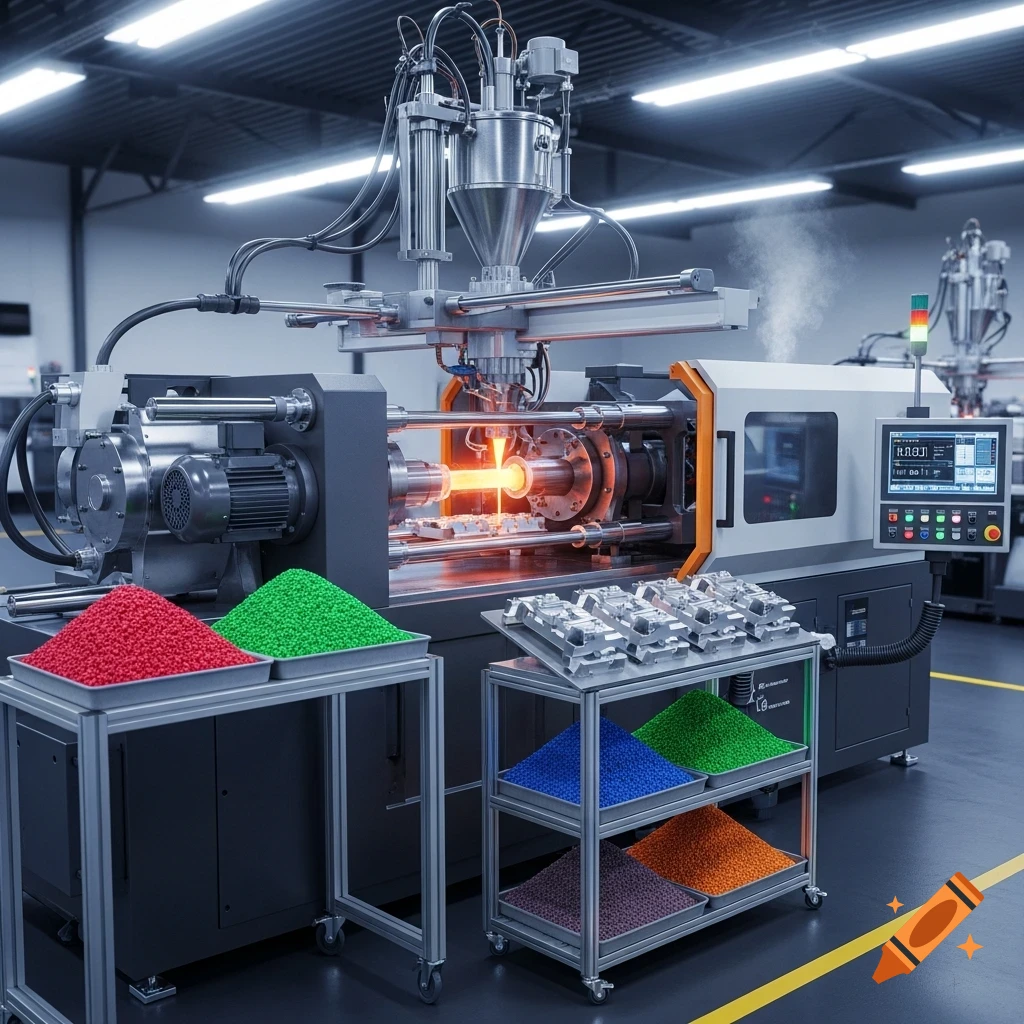 Photorealistic image of a plastic injection molding machine in a factory, with glowing molten plastic, and bins of colorful plastic pellets and finished gray parts.