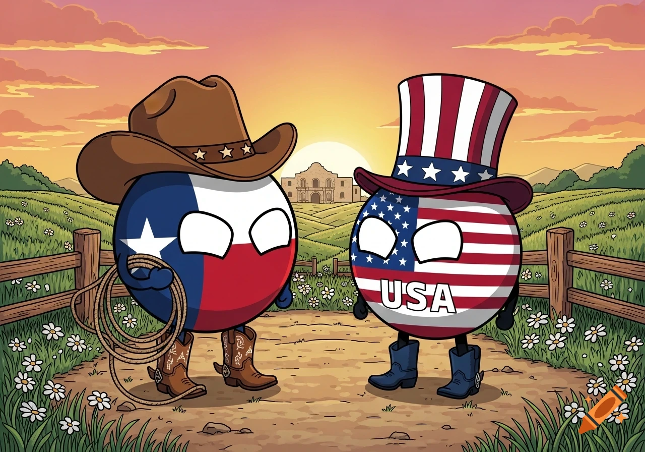 Two countryball characters, Texas and USA, in a rural landscape with the Alamo, rendered in a cartoon style.