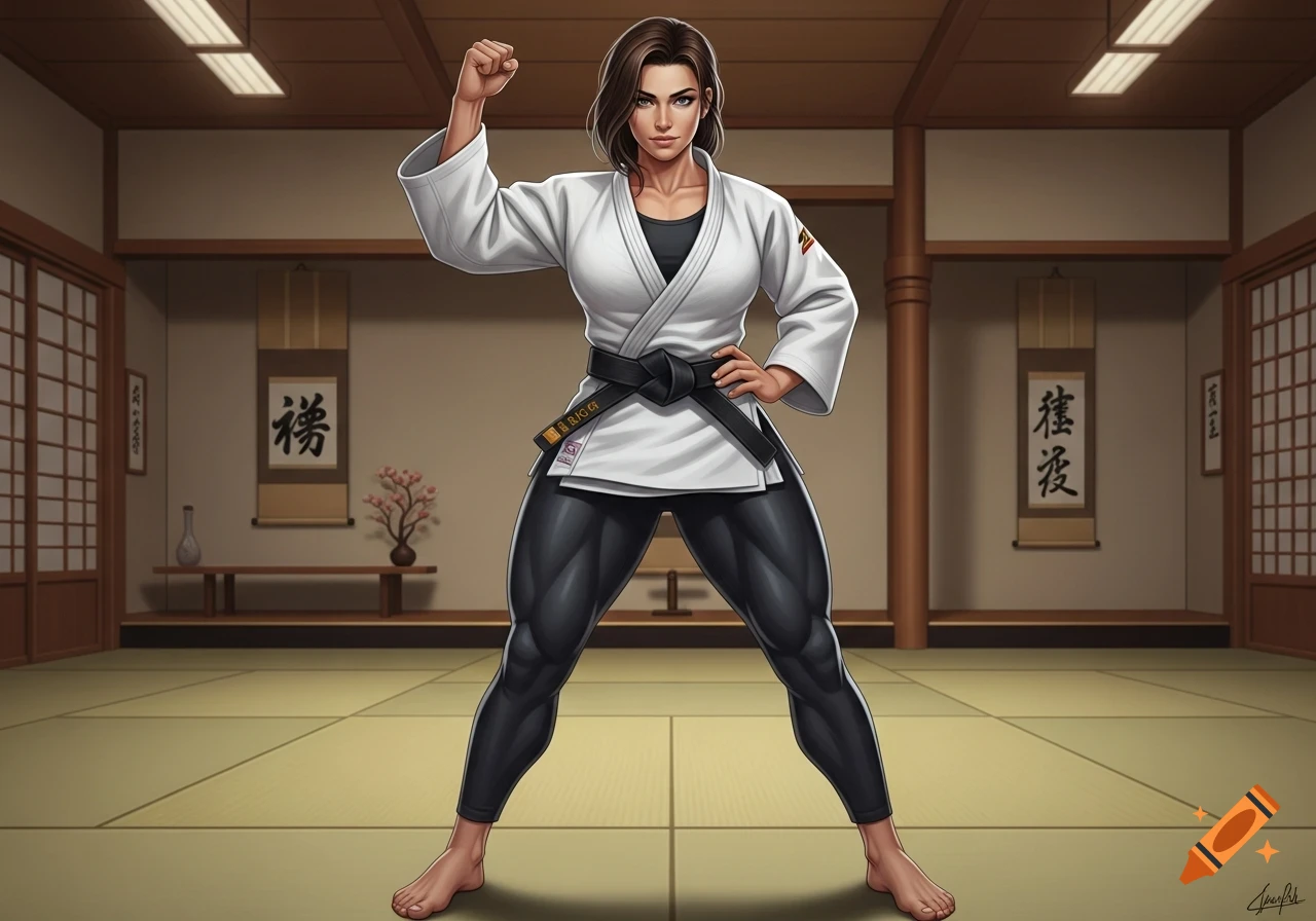 An athletic woman with dark hair in a white martial arts gi, black belt, and black leggings poses with a clenched fist in a dojo.
