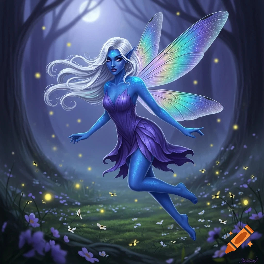 A blue-skinned fairy with white hair and iridescent dragonfly wings floats in a dark, magical forest with glowing fireflies.