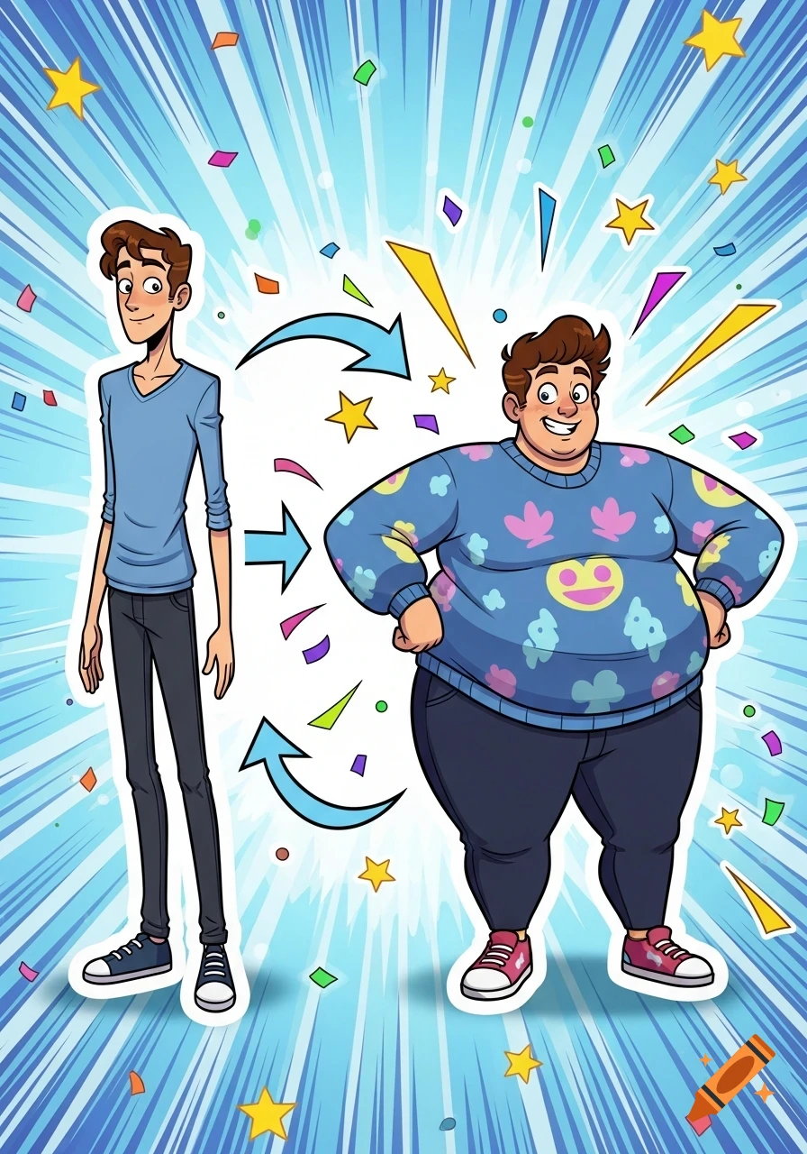 Cartoon illustration of a man transforming from skinny to plus-sized, surrounded by confetti and arrows.