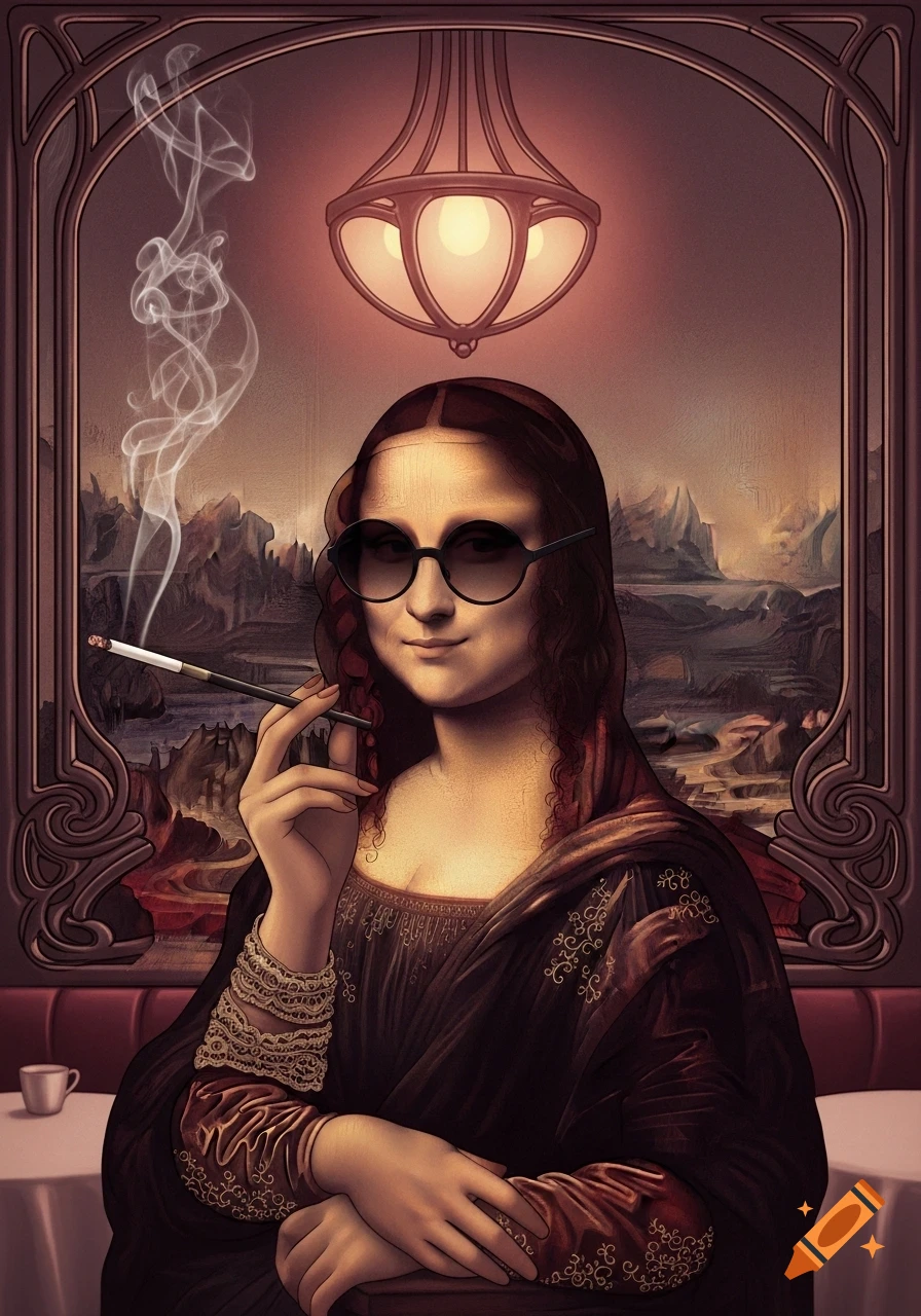 Mona Lisa wearing round sunglasses, smoking a cigarette in a long holder, seated at a table with an art deco frame.