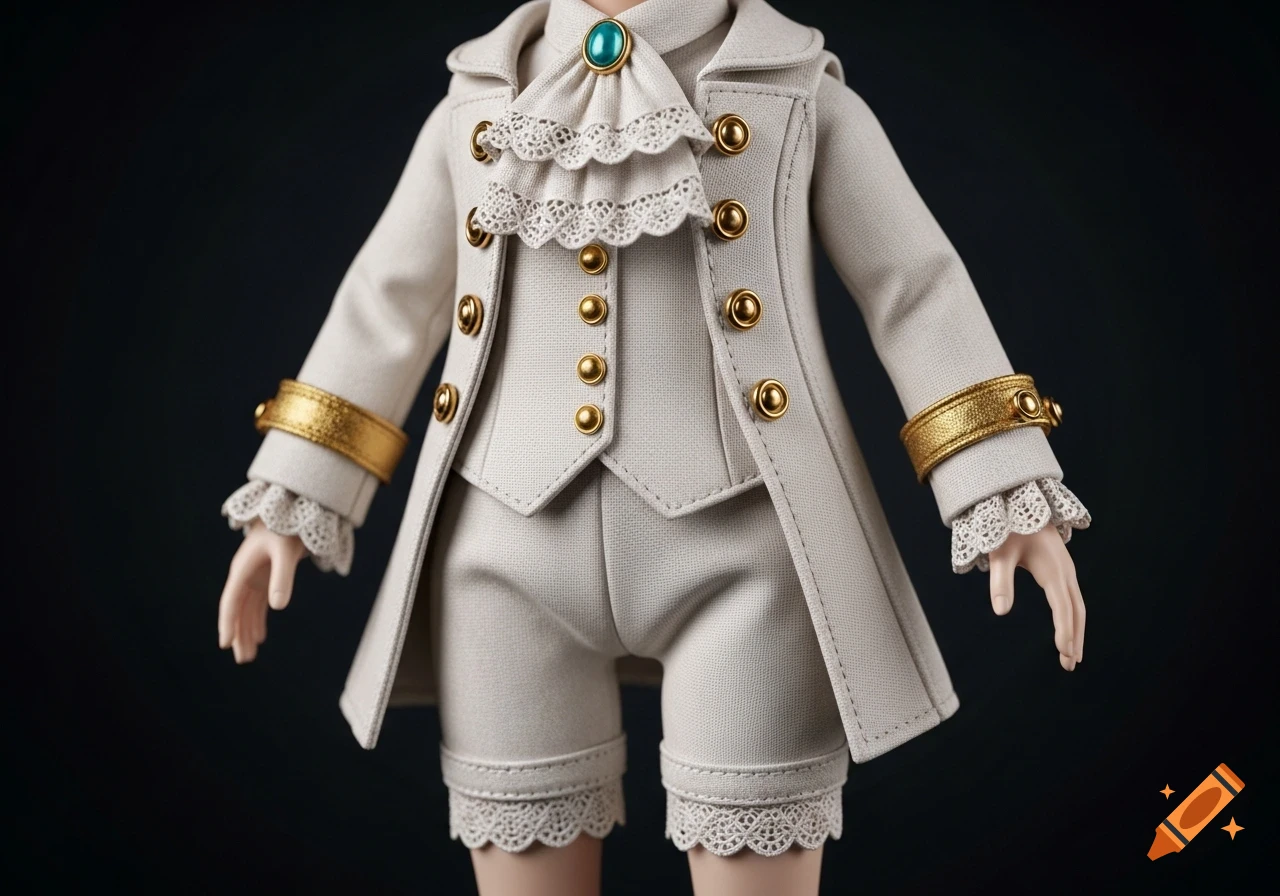 Close-up of a doll wearing a meticulously tailored light gray long coat and shorts with gold accents and lace trim.