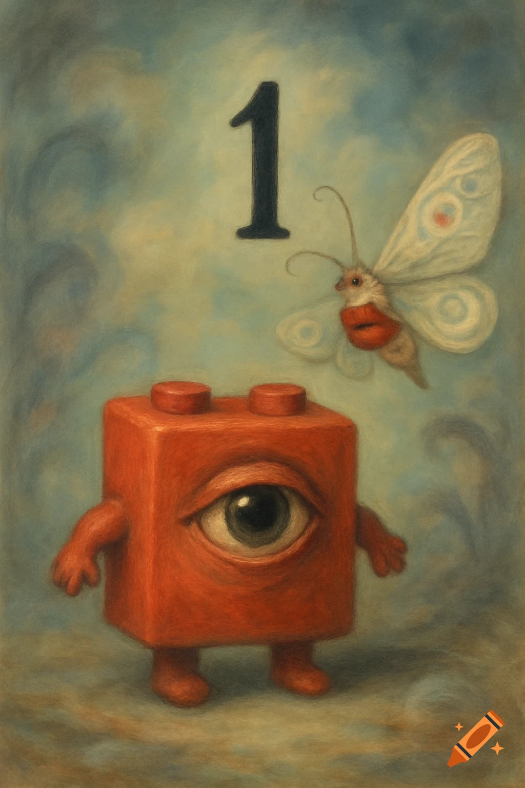 Surreal painting of a red block character with an eye and small limbs, a white moth, and a black number 1 floating above.