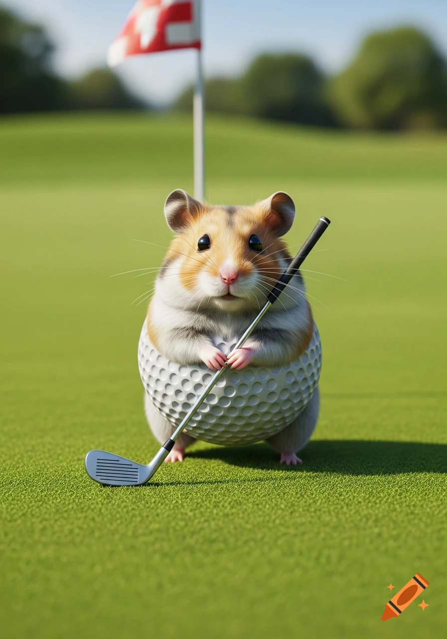 A cute hamster with a golf ball body stands on a green, holding a golf club, with a golf flag in the background.