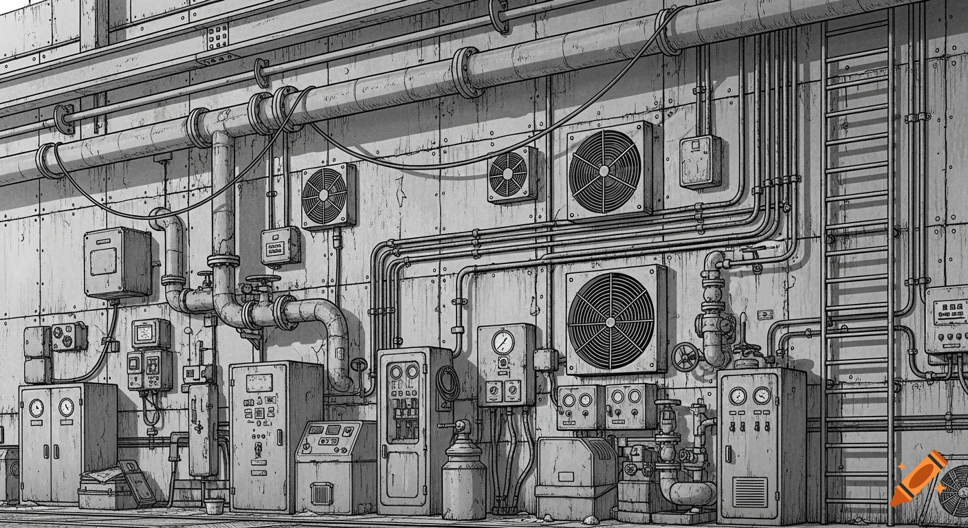 Detailed manga art of a gritty industrial wall covered in pipes, cables, fans, electrical cabinets, and a metal ladder.