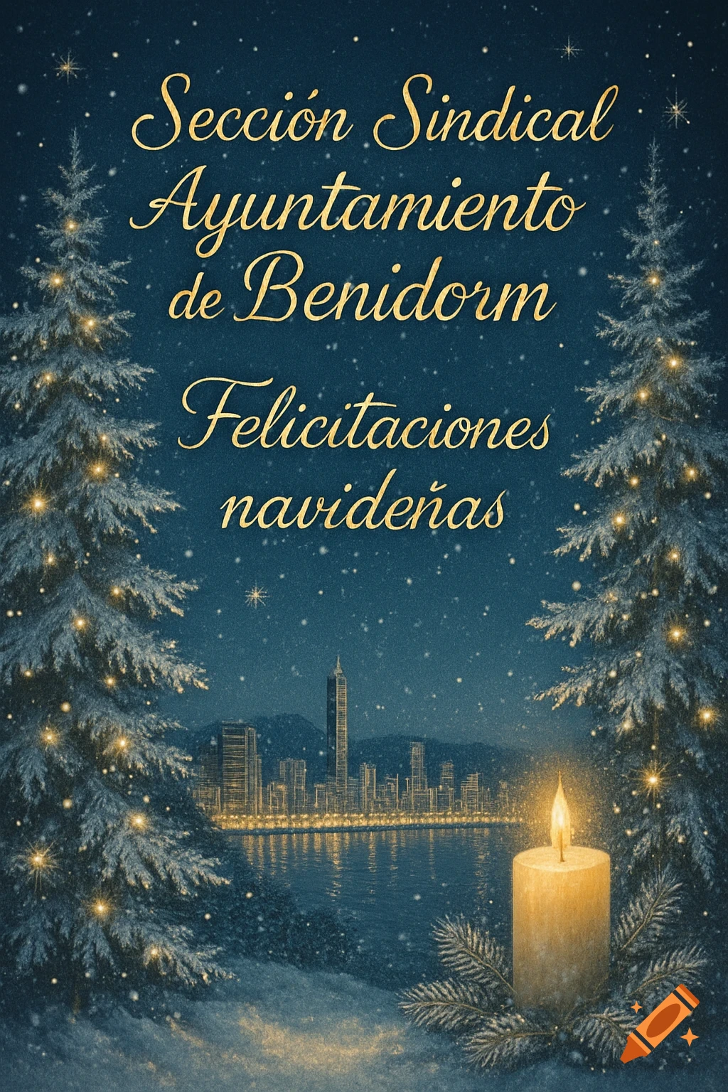 A festive Christmas card with golden text, two snow-covered pine trees, a glowing candle, and a city skyline reflecting on the water at night.
