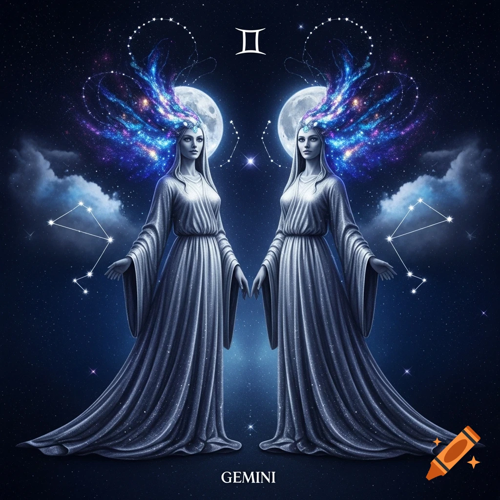Two ethereal women in flowing gowns, with cosmic hair and moons behind them, stand against a starry sky with the Gemini symbol and name.