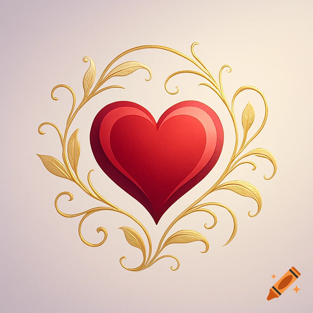 A stylized red heart surrounded by elegant gold leafy flourishes, centered on a soft, light background.